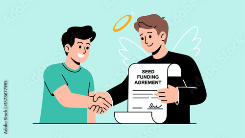 entrepreneur shaking hands with an angel investor holding a seed funding agreement, vector illustration for securing early stage funding, startup investment and business partnership