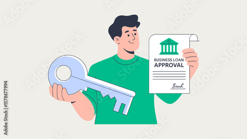 entrepreneur holding a key and business loan approval document, vector illustration for securing a business loan, startup funding and entrepreneurial financing
