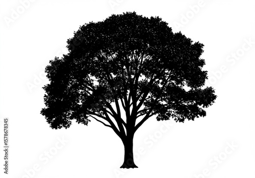 Isolated silhouette of a large deciduous tree with a full canopy of leaves