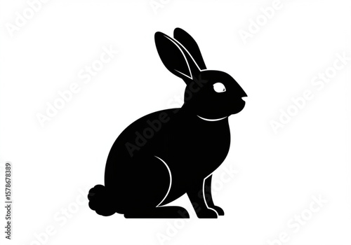 Simple black silhouette of a rabbit sitting on a white background