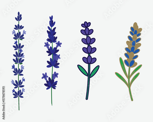 Four Stylized Lavender Flowers Blue Purple Green Brown