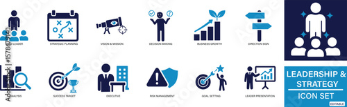Leadership and Strategy Icon Set Flat vector icons of vision, planning, decision-making, teamwork, and business growth. Perfect for corporate, HR, and management use. Customizable and clean design.