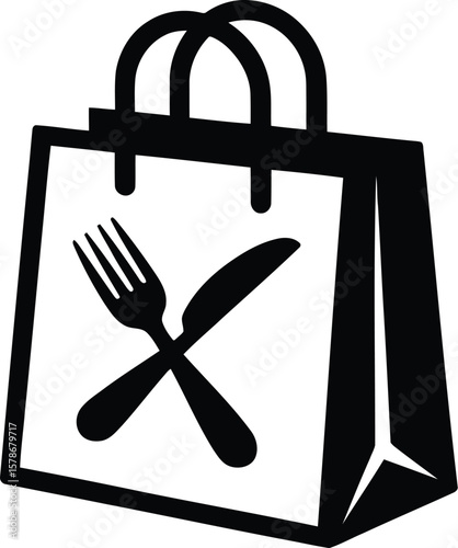 Food delivery bag icon with fork and knife, representing restaurant takeout and service.