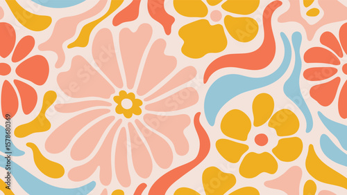 Retro floral pattern with large pink blooms and abstract shapes in yellow orange and blue hues design