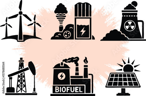 Clean and simple bio fuel industry icons, thin line art, minimalist style, black editable icons. Different Power generation and sources icons. EPS 10