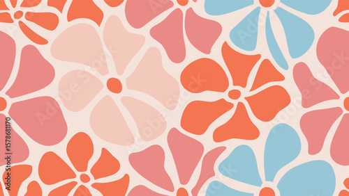 Seamless floral pattern with retro style and pastel color palette featuring flowers and petals design
