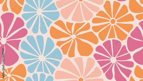 Retro floral pattern featuring pink orange and blue flowers in a repeating design for backgrounds