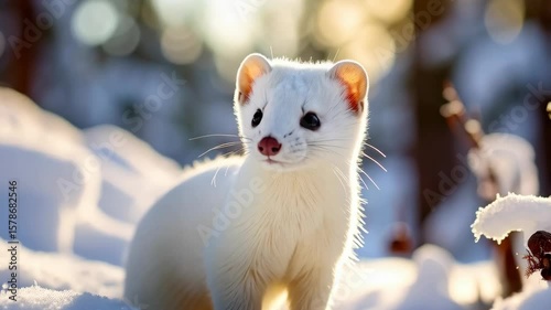Elegant ermine in snow during winter season with blurred background