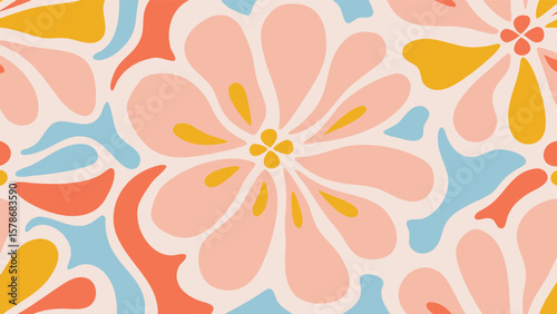 Seamless pattern featuring large pink flowers with yellow centers and abstract shapes around it