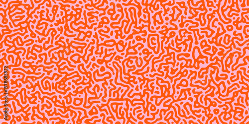 Pink background in retro 80s, 90s style with various orange shapes: circle, dot, zigzag, wavy  lines. Abstract organic pattern with hand-drawn fluid lines, ideal for textile and modern design surfaces