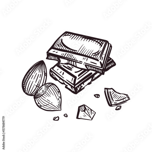 Chocolate with nuts, hazelnuts and almonds. Hand-drawn chocolate slices with ink. The illustration is suitable for food packaging printing, fabric printing, shop window design. Vector illustration