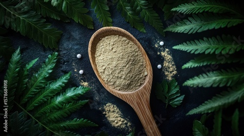 Light beige powder in a wooden spoon, surrounded by green fern leaves on a dark background