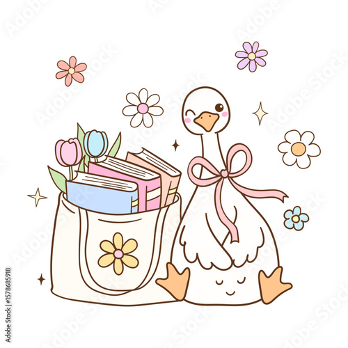 Draw cute silly goose with bookish bag Pastel flower books Trendy animal Doodle cartoon style