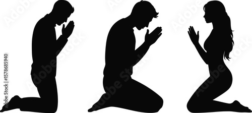 Silhouette Vector: Sad Man Praying on Knees, Praying Man Silhouette - Vector Illustration, Depressed Man in Prayer Pose