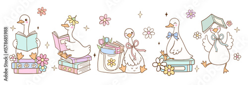 Draw vector banner illustration goose reading Pastel flower bookish Trendy animal Doodle cartoon style