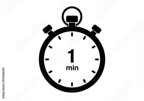 Simple black and white icon of a stopwatch showing one minute elapsed