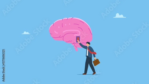 Smart businessman turn on switch on his own brain. Symbolizes turn on brain to think, creativity, thought or concentration, smart thinking or emotional intelligence, mindset, wisdom and knowledge.