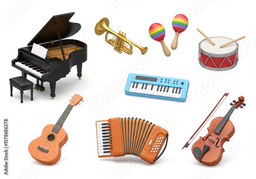 Collection of various musical instruments arranged on a white background