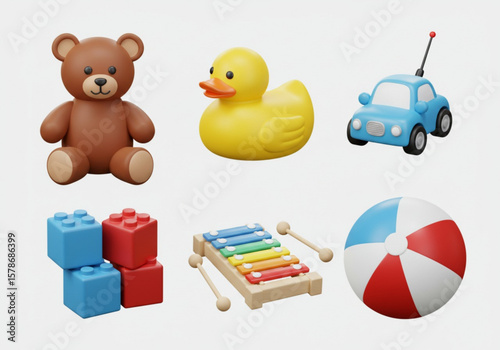 Collection of colorful children s toys including a teddy bear rubber duck toy car building blocks xylophone and beach ball