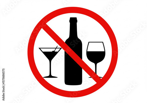 No alcohol allowed sign with bottle and glasses on white background