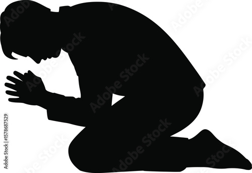 Silhouette Vector: Sad Man Praying on Knees, Praying Man Silhouette - Vector Illustration, Depressed Man in Prayer Pose
