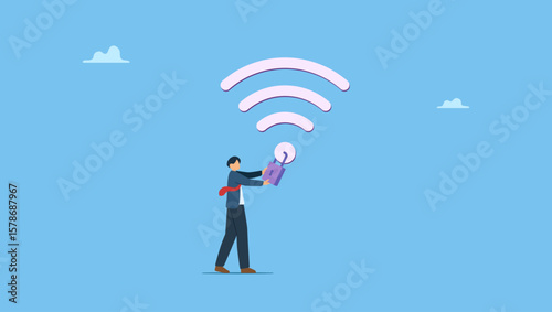 Vector illustration of a man standing connect to locked wifi network. Wifi encryption, wireless security or safety for internet connection, network protection or mobile access, password encryption.