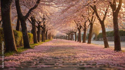 A pathway lined with cherry blossom trees in full bloom creating a tunnel of pink flowers