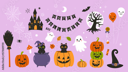 A set of graphic elements on the Halloween theme. Vector graphics.