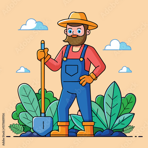 Farmer with shovel and plants gardening agriculture