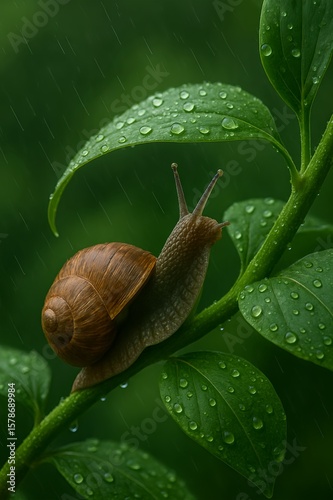 Realistic Snail on a Rainy Leaf – Nature Close-Up AI Generated