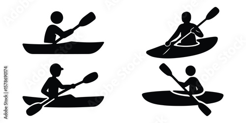 Set of kayaking logo silhouette icons. Water sports race, canoeing and kayaking vector illustration.