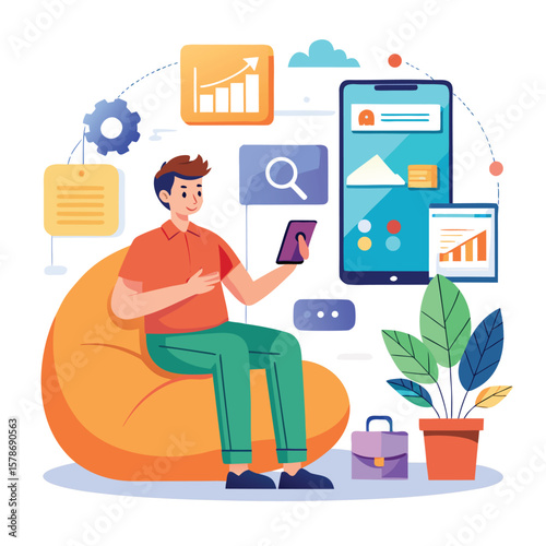 Man with phone and business graphics tablet laptop