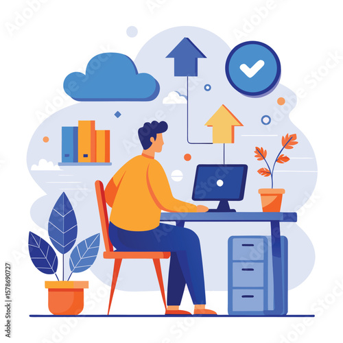 Man working at desk with computer and plants office