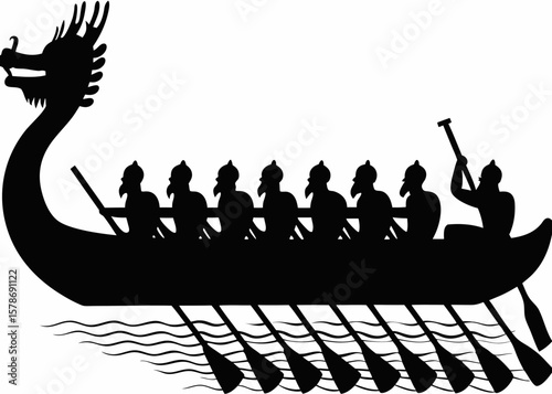 Dragon Boat Rowing Team Silhouette on Water