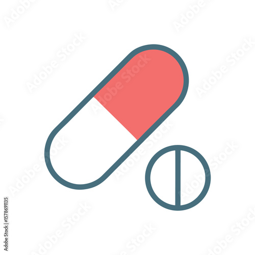 Flat Pill Capsule Icon with Half Red Coloration Medical Pharmaceutical and Healthcare Design Element