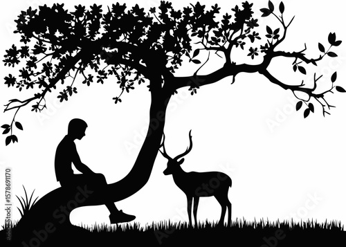 "Silhouette of a Boy Sitting Quietly on the Arching Trunk of a Tree, Sharing a Peaceful Moment with a Gentle Deer Beneath a Canopy of Leaves, Evoking Themes of Innocence, Harmony, and the Unspoken Bon