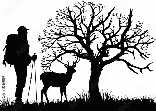 "Silhouette of a Lone Hiker Encountering a Wild Deer Beneath a Bare Tree in a Quiet Wilderness Scene, Reflecting a Serene Moment of Mutual Curiosity and the Deep Connection Between Human Exploration a