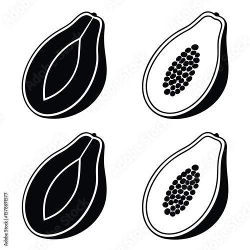 Black and white papaya illustrations fruit tropical