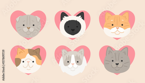 Vector illustration of сartoon cats  breeds set. Cute faces of persian, siamese, scottish fold, golden shader with pink hearts. Flat style images for valentine's greeting cards. Pets set.