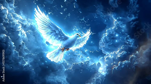 White dove flying through glowing cosmic clouds.