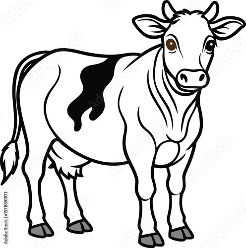 Black and white cartoon holstein cow standing and looking forward