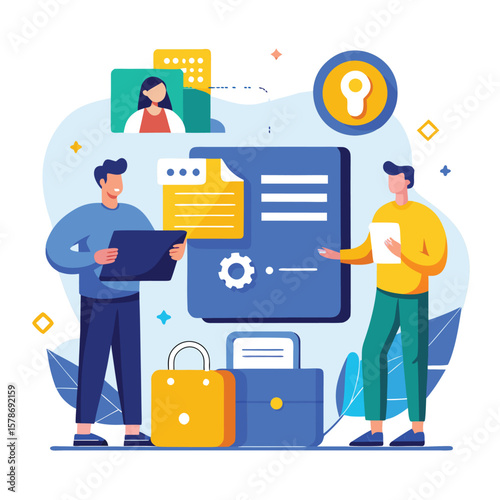 People discussing secure data flat illustration data security