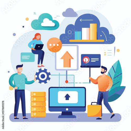 People working with technology and data security cloud