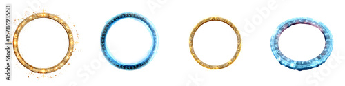 Glowing Circle Frames, Golden and Blue Neon Rings on White