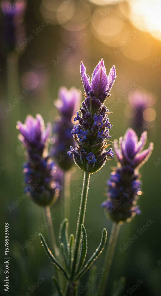 Fototapeta premium Close-up of Lavender Flowers in the Golden Sunset Light, Captured with Soft Focus