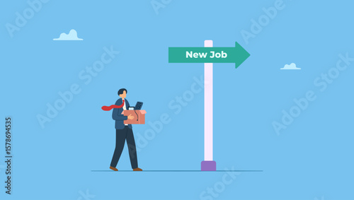 Employee carrying stuffs changing to new job opportunity. Symbolizes change to new job, career or opportunity, new challenge to success, improvement or advancement, recruitment or employment.