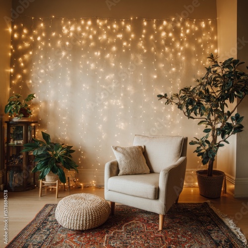 Cozy living room with armchair, plants, and warm fairy lights