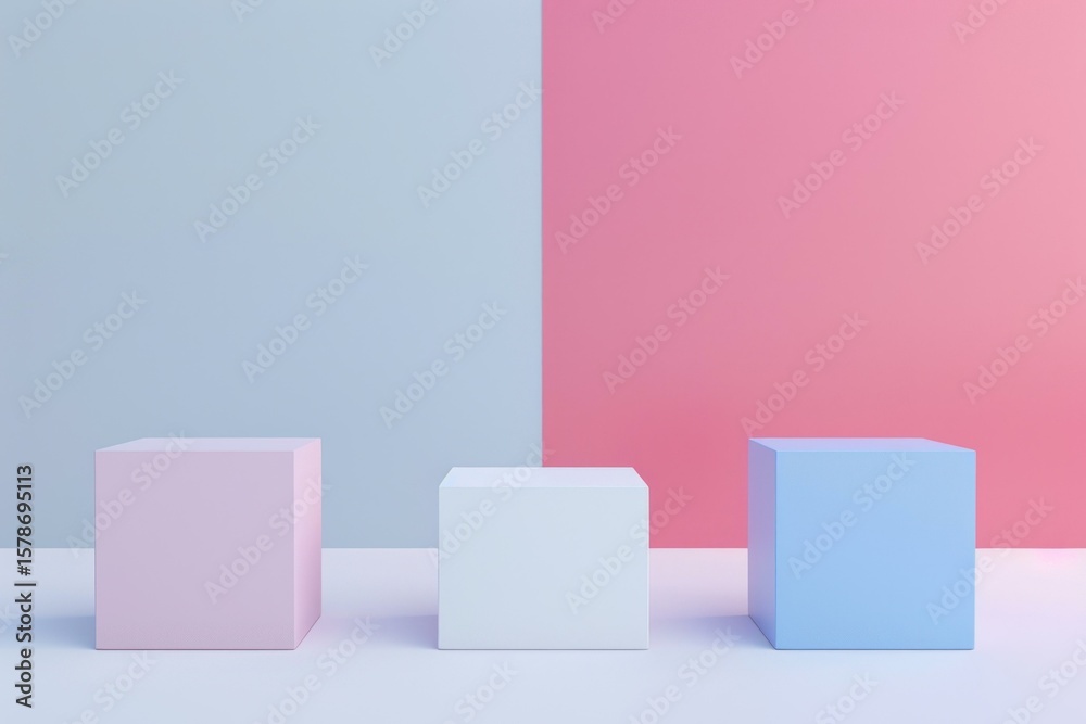 Obraz premium Pink, white and blue podiums standing on pastel background creating a stylish product display