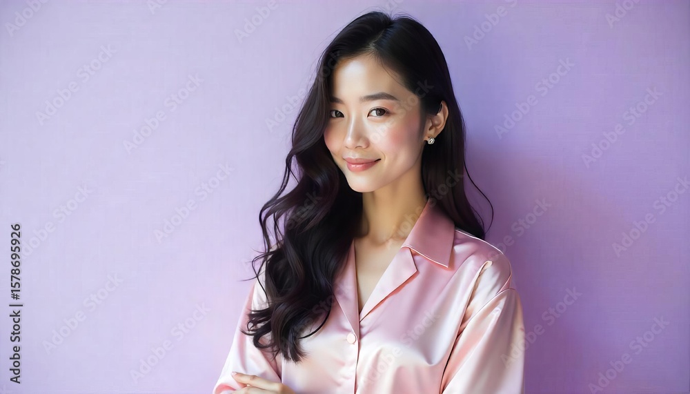 Smiling woman in a pink satin shirt radiates joy and confidence. Perfect for fashion, lifestyle, and beauty related design projects. Smiling woman in a pink satin shirt radiates joy and confidence. Perfect for fashion, lifestyle, and beauty related design projects.