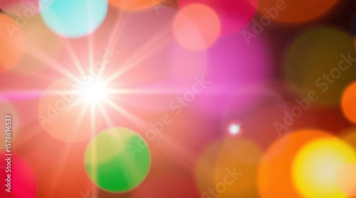 Vibrant colorful bokeh background with bright light flare, abstract festive glow, and warm tones for celebration or holiday themes